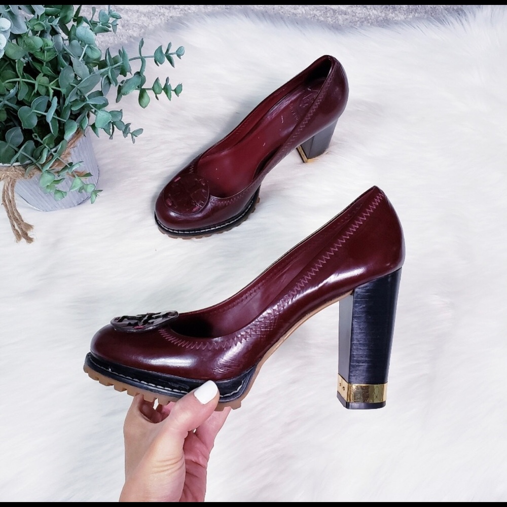Tory Burch burgundy patent leather platform pumps